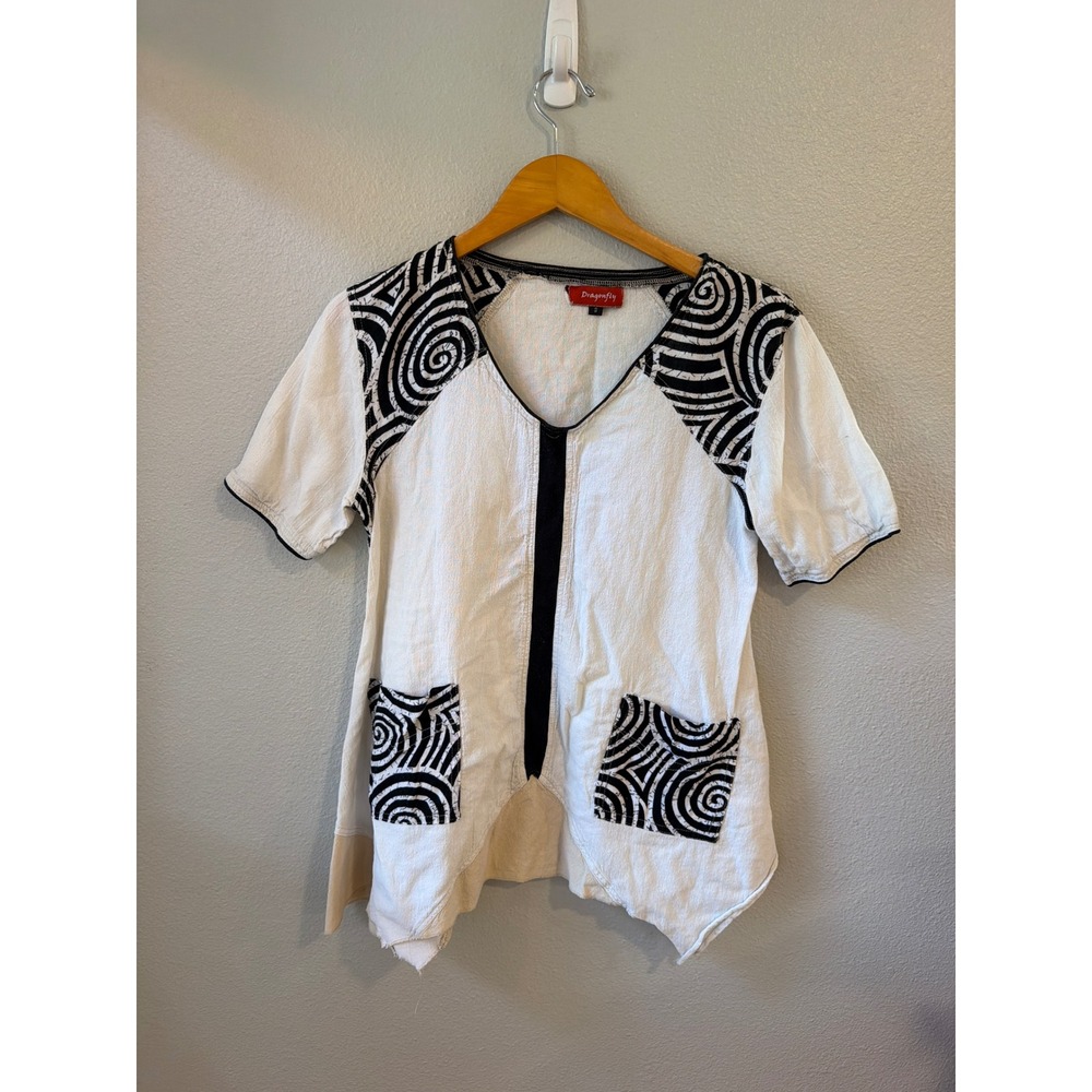 Dragonfly Tunic Top Women S White Black Spiral Batik Cotton Asymmetrical Boho